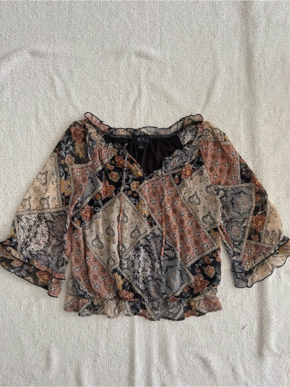 BCX Sheer Patchwork Peasant Blouse - Black, Rust & Cream